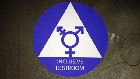 A sticker designates a gender neutral bathroom at Nathan Hale high school in Seattle. 