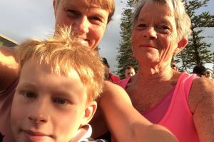 Tove Liljestrand, 45, mother Annegrete, 70, and son Liam, 11, at the 2016 Sun Run. 