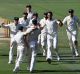 Sweet victory: Australian players celebrate after the final wicket.