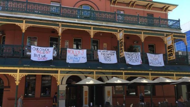 Some of the offensive banners which have forced the Brass Monkey Hotel into issuing an apology.