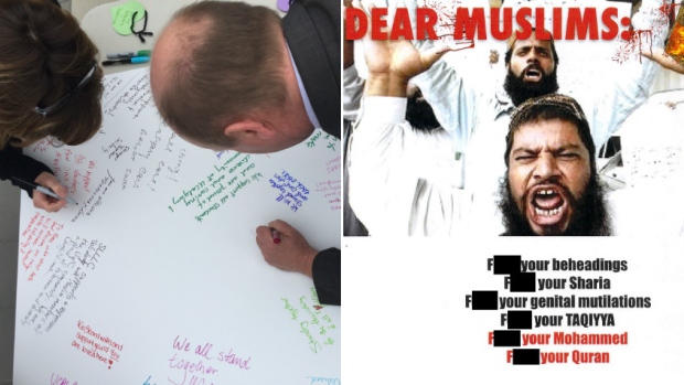 Students and staff at the University of Calgary responded by coming together to write messages of support and tolerance after the campus was blanketed with vulgar, anti-Muslim posters, an example of which is seen at right (with one swear word blacked out.)