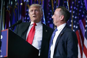 In this Wednesday, Nov. 9, 2016, photo, President-elect Donald Trump, left, stands with Republican National Committee Chairman Reince Priebus during an election night rally in New York. Trump on Sunday named Priebus as his White House chief of staff.