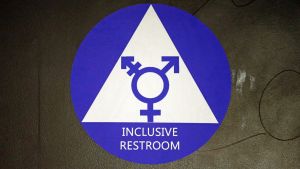 A sticker designates a gender neutral bathroom at Nathan Hale high school in Seattle. 