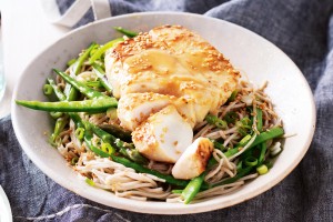 Miso-glazed fish with soba noodles