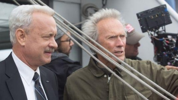 Dynamic duo: Tom Hanks and director Clint Eastwood on the set of Sully.
