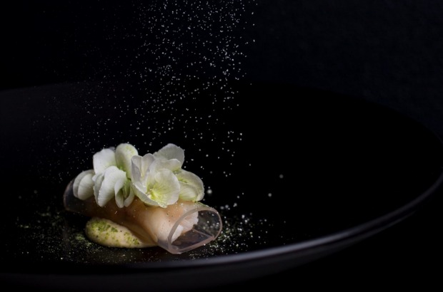 Spanner crab, sake vinegar jelly, brown butter emulsion, pea flower and horseradish served at Sepia in Sydney.