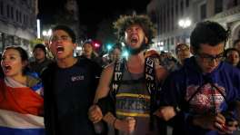 Protesters from Berkeley chant "not my president" as they march down Broadway during an anti-Trump protest Nov. 8, 2016 in Oakland, Calif., after the announcement that Republican presidential candidate Donald J. Trump won the presidential election.