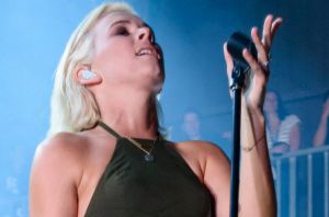 Georgia Nott of Broods on stage at the festival.