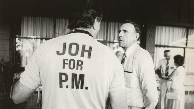 A Joh for PM T-shirt worn by National Party Delegate. The campaign was conceived in late 1985.