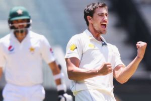 Mitchell Starc strikes, taking the wicket of Babar Azam in the second Test against Pakistan.