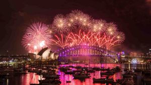 Sydney NYE 2016. The 12am New Year's Eve fireworks on Sydney Harbour, viewed from Mrs Macquarie's Chair. 1 January 2017. ...