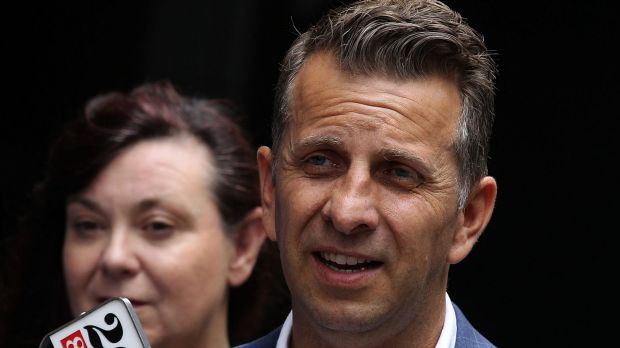 NSW Transport Minister Andrew Constance with the co-ordinator general of CBD transport, Marg Prendergast, during a press ...