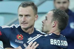 Teammates congratulate Besart Berisha after he scores to break the A League goal scoring record. 