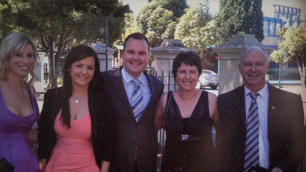 Lynda and Mark Thompson at a wedding in 2013 with their children Emma, Vanessa and Matt.  