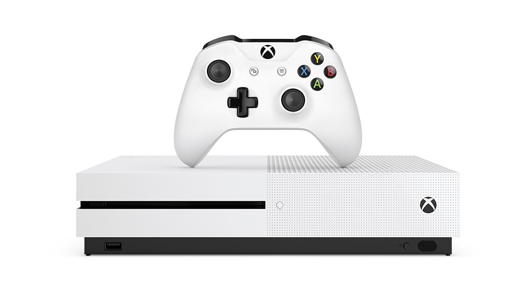 Xbox One S with white controller placed above it