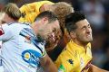 Geelong game: Leigh Broxham of Melbourne Victory heads the ball during a match against Central Coast Mariners at Simonds ...