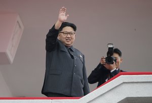 File - North Korean leader Kim Jong Un waves at parade participants at the Kim Il Sung Square on Tuesday, May 10, 2016, in Pyongyang, North Korea.