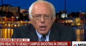 This is a screencap of Bernie Sanders speaking about the campus shooting in Oregon on MSNBC