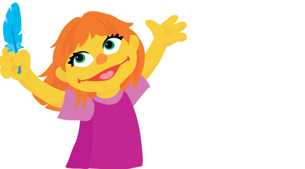 This is an image of the new autistic Sesame Street character, Julia. She has orange hair, yellow felt skin, and is wearing a purple t-shirt.