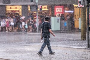 Bourke street mall during heavy rain this afternoon in Melbourne.