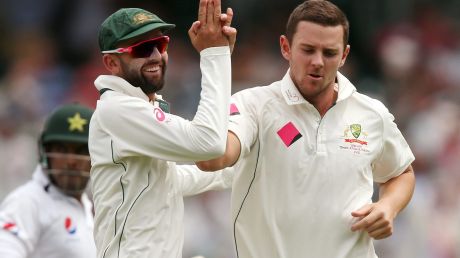 Josh Hazlewood celebrates the dismissal of Sharjeel Khan on Wednesday.