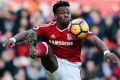 Middlesbrough's Adama Traore brings the ball down against Leicester City.