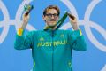 Australia's gold medal winner Mack Horton celebrates on the podium during the 2016 Summer Olympics.