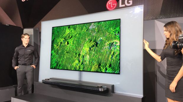 LG's super-thin "wallpaper" OLED television, on show at CES in Las Vegas.