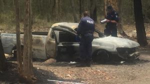 Police examine the burnt-out ute on Thursday.
