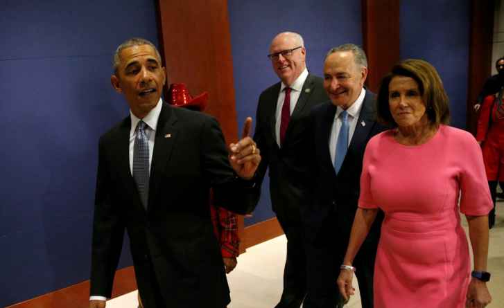 U.S. President Barack Obama arrives with New York Rep. Joe Crowley (3rd R), Senate Democratic Leader Chuck Schumer (2nd R) and House Democratic Leader Nancy Pelosi (R) to meet with House and Senate Democrats to discuss a strategy on congressional Republicans' effort to repeal the Affordable Care Act on Capitol Hill in Washington, U.S., January 4, 2017. REUTERS/Kevin Lamarque