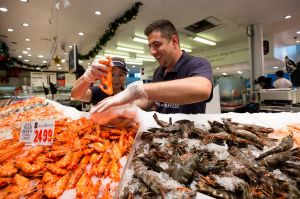 Angelo Vaxevani and Devi Lama at Nicholas Seafood at the Sydney Fish Market. 