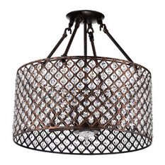 Edvivi - Crystal Semi-Flush Mount Chandelier With Drum Shade, Antique Copper - Chandeliers