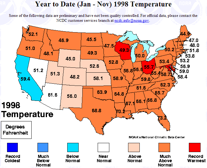 January-November 1998 statewide temperature ranks