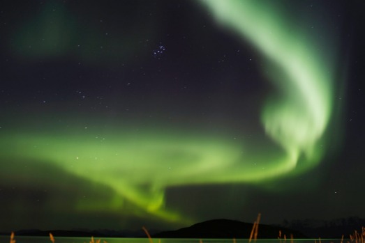 The aurora borealis, or Northern Lights, over the Norwegian town of Harstad.