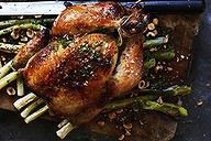 Roast chicken with cider vinegar, leeks and hazelnuts.