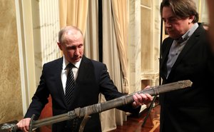 Russian President Vladimir Putin at a meeting with film crew of the movie Viking, the Kremlin, Moscow