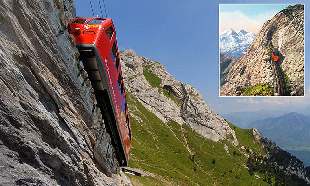 Images of the Pilatus Railway in Switzerland chart history of the world's steepest railway