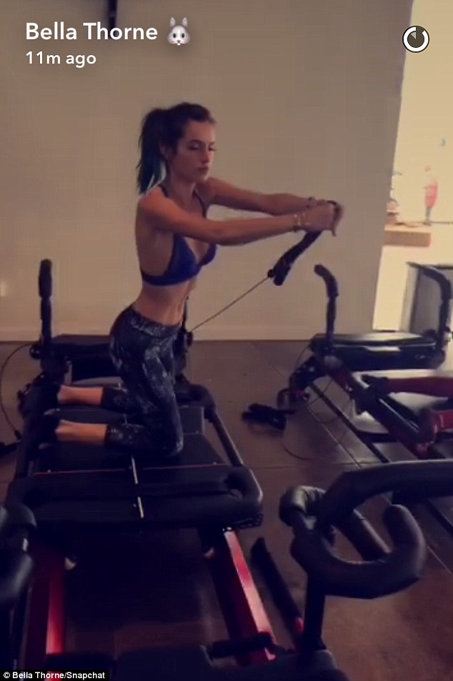 Work it out! Bella, 19, took to Snapchat to show off her fitness moves on a Pilates reformer machine.