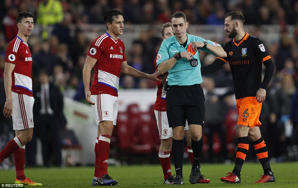 Less than a minute after taking the lead, Middlesbrough were down to 10 men after Daniel Ayala was sent off