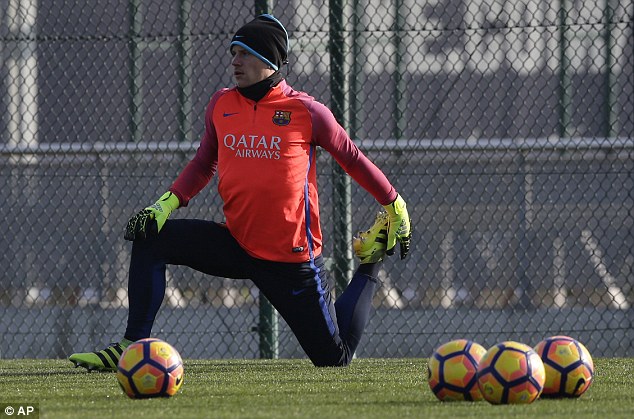 Goalkeeper Marc-Andre ter Stegen stretches ahead of the training session on Saturday