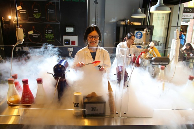 We still get a kick from watching teams in lab coats and goggles whip up ice-cream to order at N2 Extreme Gelato.