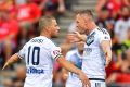 Victory's two scorers James Troisi and Besart Berisha celebrate.