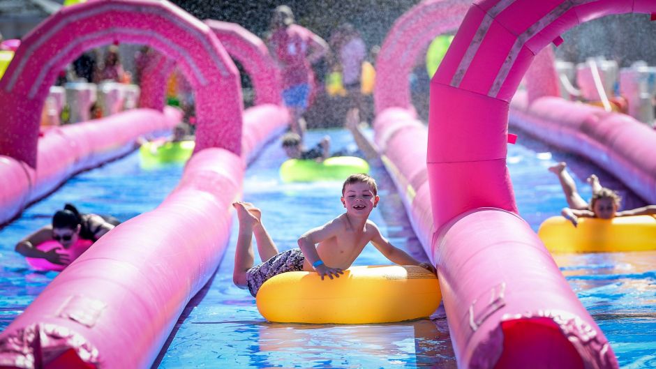 The Age, News, 04/01/2017, picture by Justin McManus. Opening of the Slide the Square water slide in Federation Square. ...