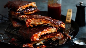 Sticky, slow-cooked Campari pork ribs.