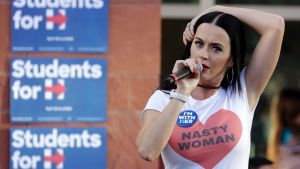 Katy Perry speaks at a rally in for Hillary Clinton in Las Vegas.