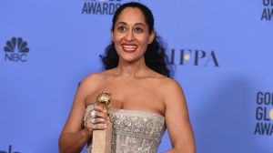 <i>Black-ish</i> actress Tracee Ellis Ross with the Golden Globe for best actress in a television series (musical or comedy).