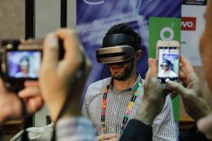 A prototype Lenovo VR headset at CES 2017 that tracks head movements using cameras. 