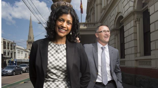 Greens candidate for Wills, Samantha Ratnam, seen here with party leader Richard Di Natale, has pulled out of an ...
