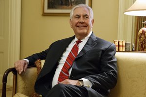 In this Jan. 4, 2017, file photo, Secretary of State-designate Rex Tillerson pauses during a meeting with Senate Majority Leader Mitch McConnell of Ky. on Capitol Hill in Washington.