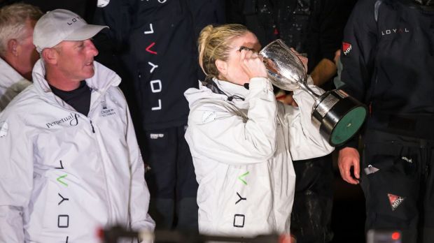 Perpetual Loyal crew member Erin Molan celebrates with sponsors and fellow crew at Constitution Dock after winning the ...